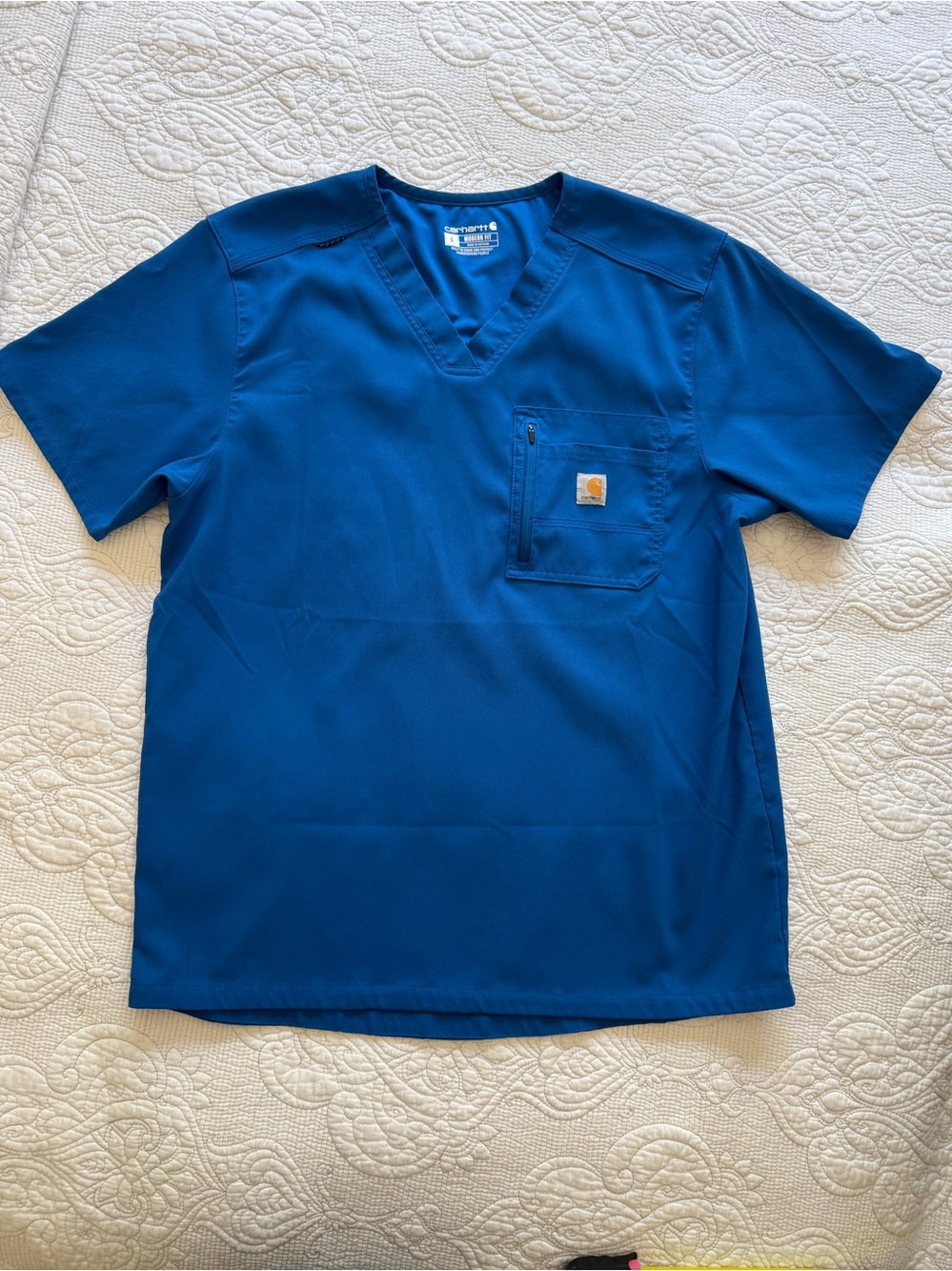 Carhartt Men’s Modern Fit Royal Blue V-Neck Scrub Shirt Sz L Zip pocket